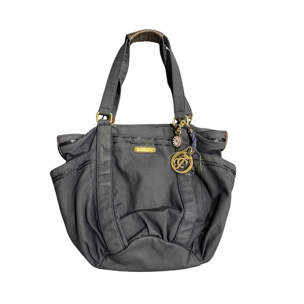 Juicy Couture Y2K Canvas Beaded Her Majesty Tote Bag Charm Leather Trim Slouchy